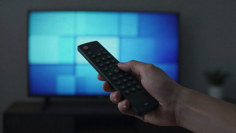 IPTV EPG troubleshooting: a remote pointed at a TV showing a programme guide grid