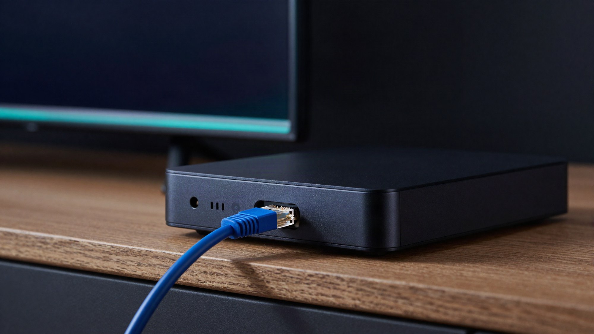 An Ethernet cable plugged into a streaming box, the highest-yield fix for IPTV buffering